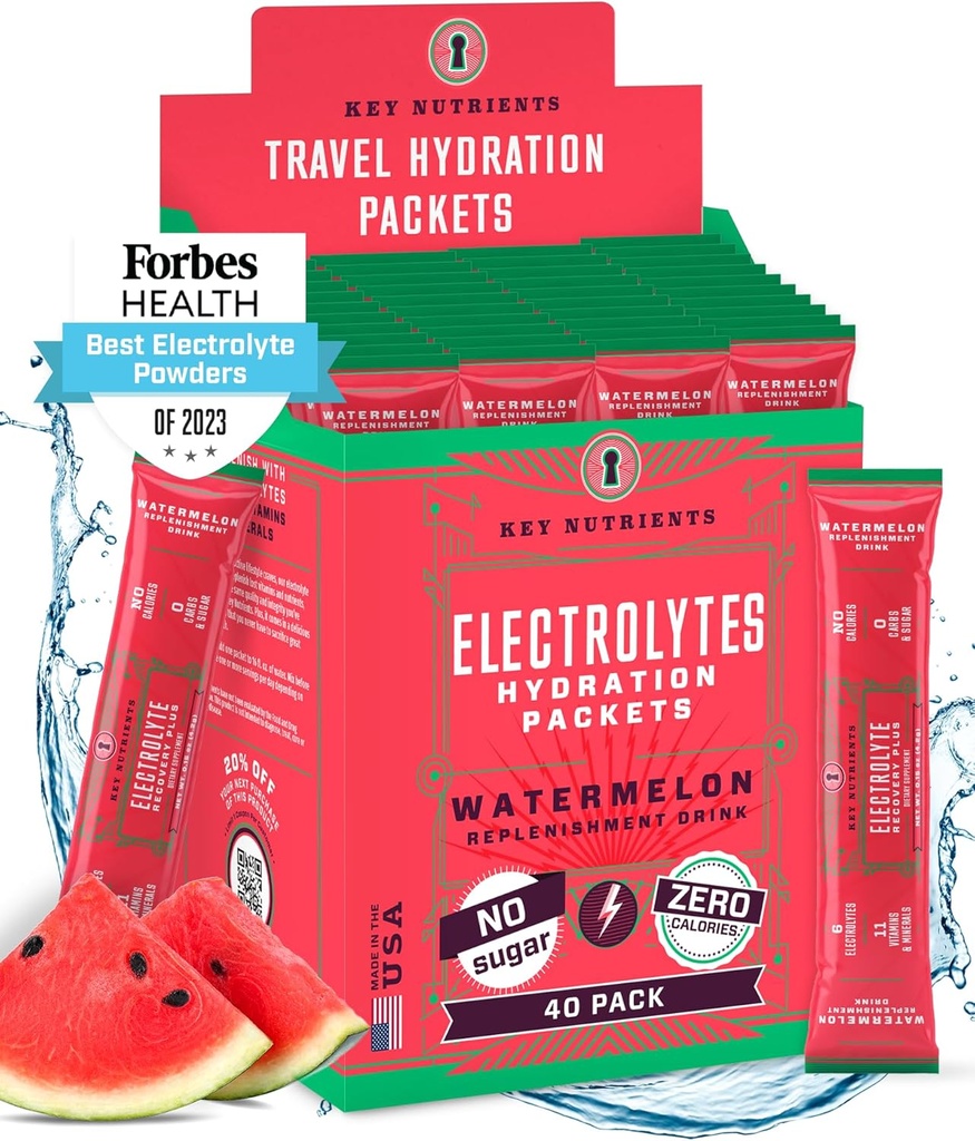 KEY NUTRIENTS Electrolytes Powder Packets - Forfriskende vannmelon 40 Pack Hydration Packets - Reise Hydration Powder - Ingen sukker, Ingen kalorier, Glutenfri - laget i USA