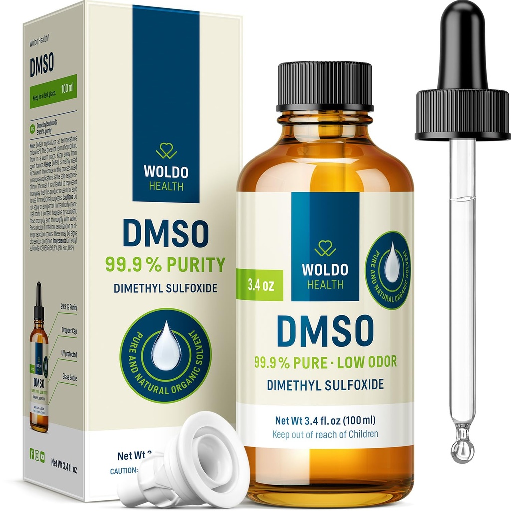 WoldoHealth DMSO 99,9% Farmasøytisk Grade - FT-IR Verifisert Dimetyl Sulfoksyd, lav Odor løsningsmiddel i glassflaske med presisjonsdropper (3,38 oz)