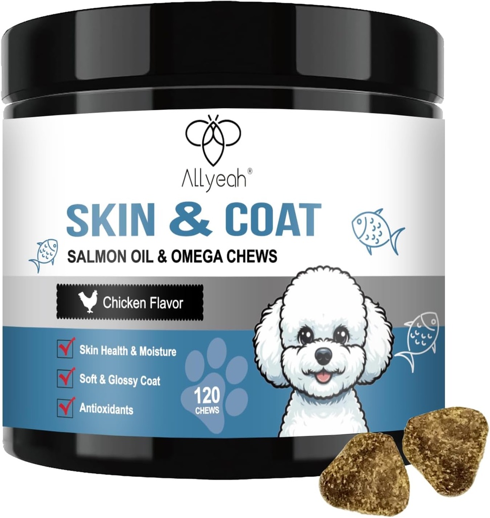 Omega 3 Fiskeolje for hunder, lakseolje hud og Coat Supplement for hunder Allergi Relief, tørr og kløende hud Relief behandling, Allergi Chews - Hund Anti Shedding Treats - Shiny Coats - EPA & DHA
