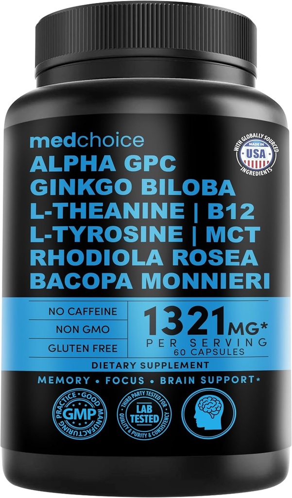 12-i-1 Nootropic Ginkgo Biloba for hjerne støtte, minne og fokus - B12, Alpha GPC, L Theanine og Choline Supplements med Bioperine Ikke-koffeinert 1321mg (60ct)