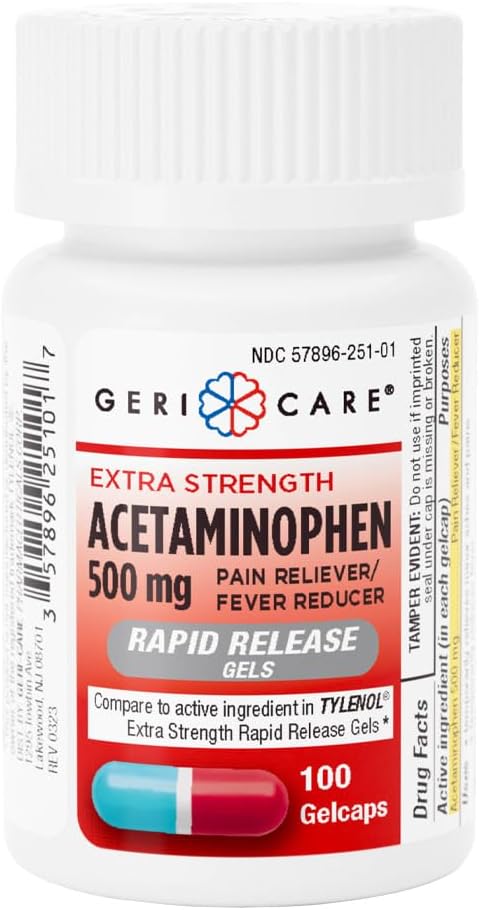 Gericare Extra styrke Acetaminophen 500 mg Rapid Release Gelcaps, smertelindring 100 greve (pakke med 1)