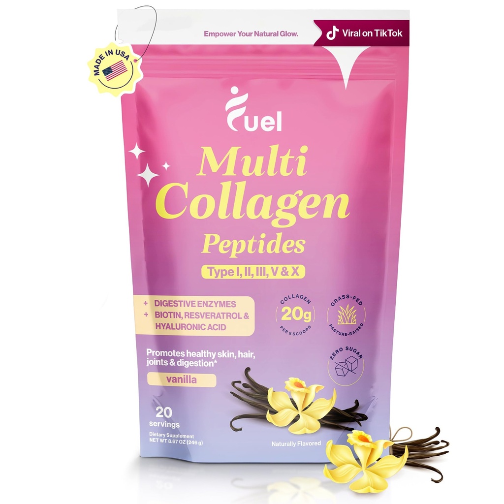 Fuel Multi Collage Peptider pulver – 20g Hydrolysert Collage I, II, III, V & X for hår, hud, negler og felles støtte – bedre absorpsjon – Keto & Glutenfri, fransk Vanila 8.67oz