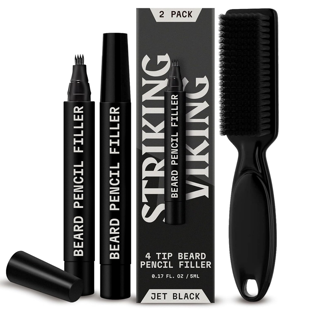 Striking viking beard blyant fyllstoff for menn - Pakke med 2, Jet Black - Vanntett lang-lastende beard penn - 4-punget tips til Gap Repair & Barber blyant - myk brudebørste & pennfyller