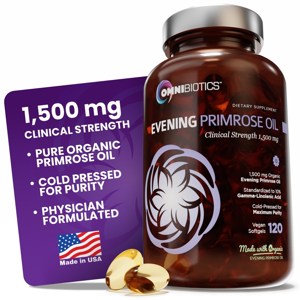 OmniBiotics Organic Aften Primrose Olje for kvinner - Klinisk styrke 1500mg per kapsel, 10% GLA, kaldpresset, ikke-GMO, Hormon Balance for kvinner - 120 Vegan Softgel kapsler