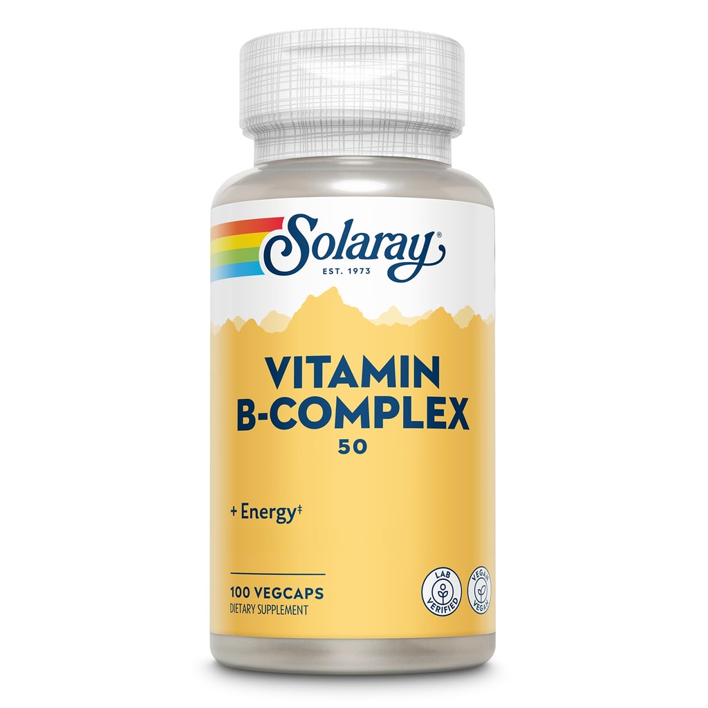 SOLARAY vitamin B kompleks 50 mg - Cellular energi vitaminer - metabolisme og nerve helse støtte med vitamin B12, vitamin B1, B6, niacin, folsyre, biotin og andre B vitaminer - Vegan, 100 Vegkaps