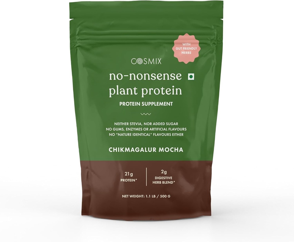 cosmix No Nonsense Plante Protein | Organisk brun ris & peaisolat | Easy Digestion | 24G Protein / Serving | Gluten & Laktose Gratis | (Chikmagalur Mocha, 500g)
