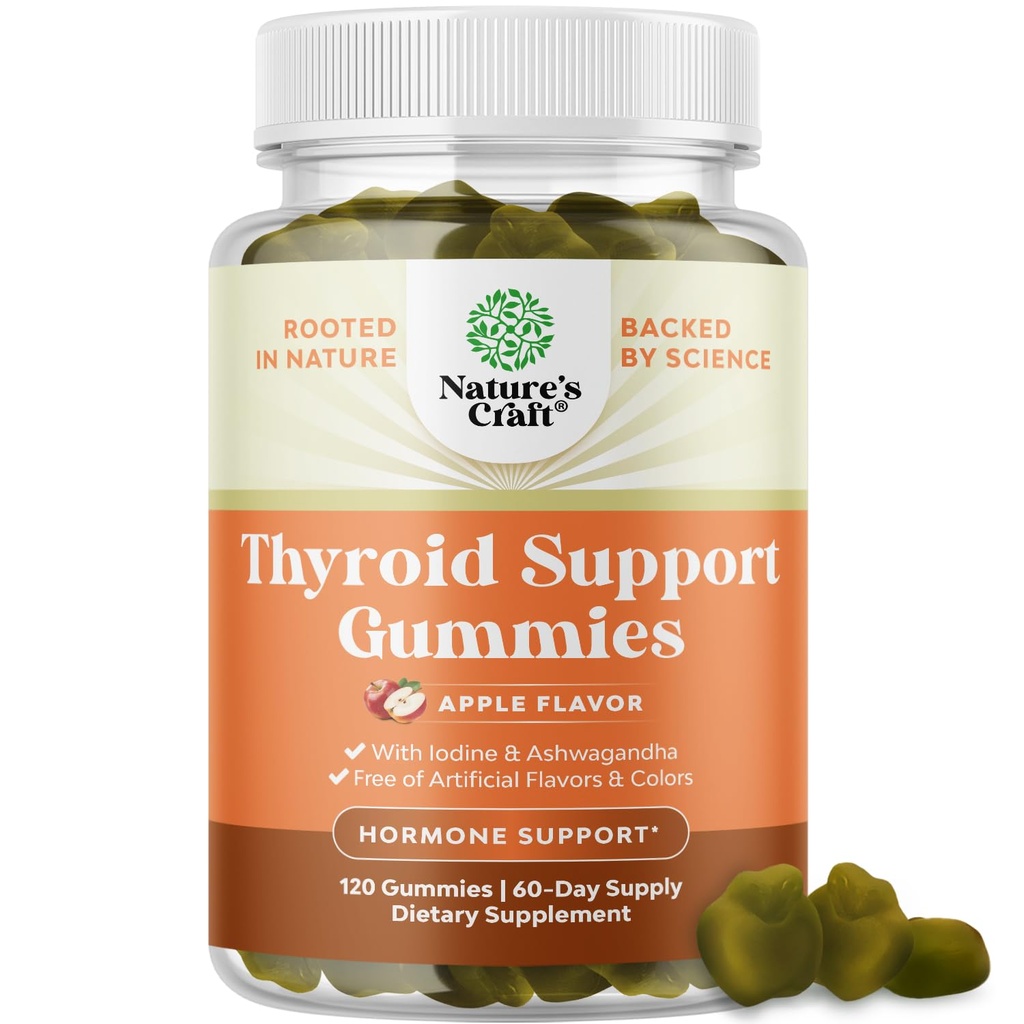 Natures Craft Vegan Thyroid Gummies med sjø Moss - Thyroid støtte Gummies for omfattende støtte for menn og kvinner med jodin selenium og andre potens vitaminer - Gelatin-fri ikke-GMO 120