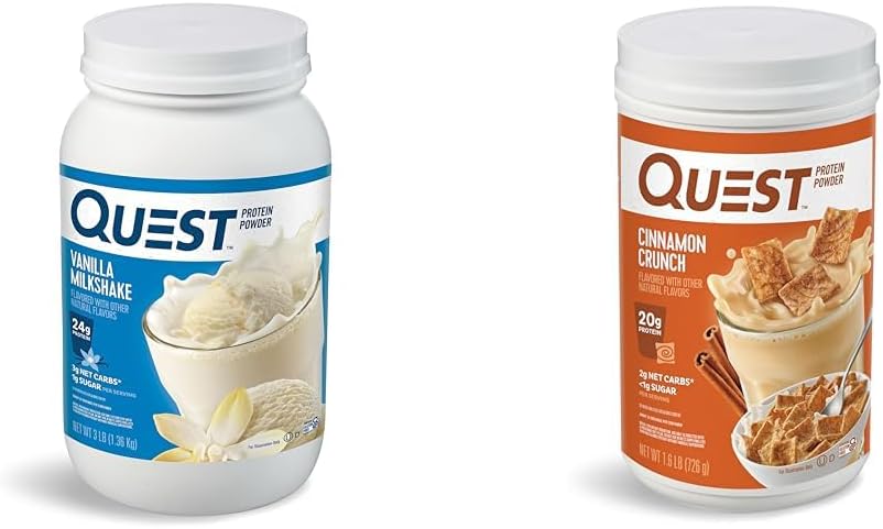 Quest Nutrition Vanilla Milkshake Protein pulver, 24g protein, 1g sukker, lav karbohydrat, glutenfri, 3 pund, 43 porsjoner og kanel crunch protein pulver, 20g protein, 2g netto karbohydrat, 1g sukker