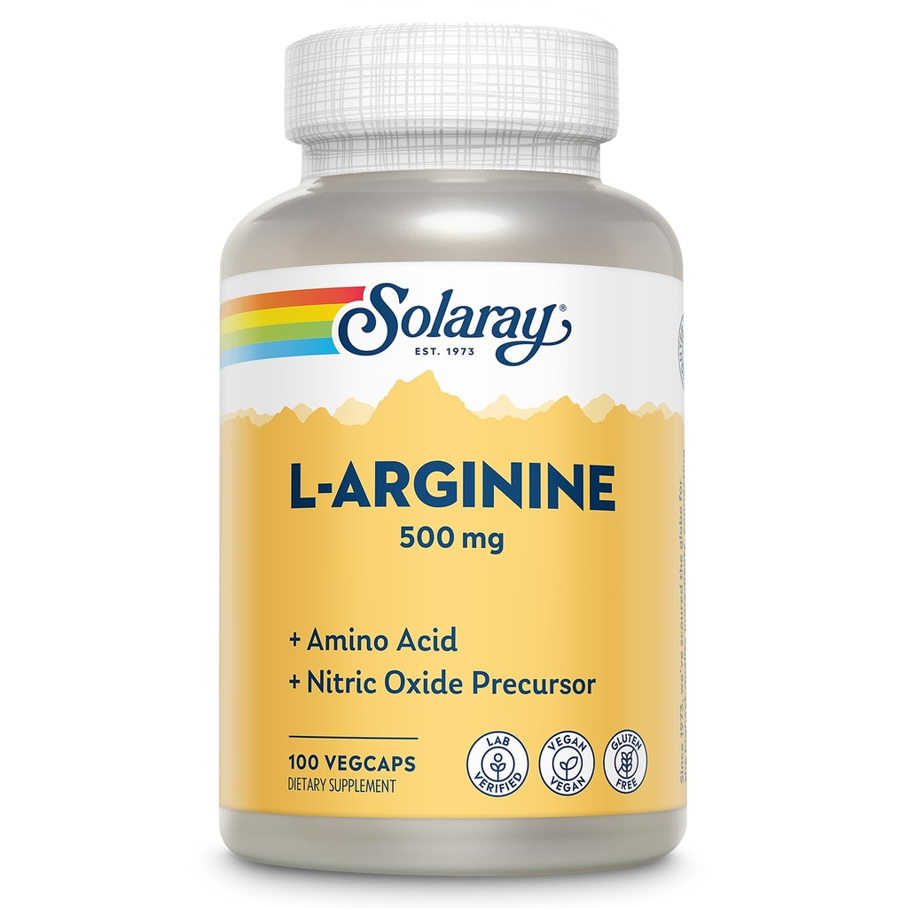 SOLARAY L-arginin 500 mg, nitric oksid Supplement, utholdenhet, energi, hjerte helse støtte, 100 serveringer, 100 Vegkaps