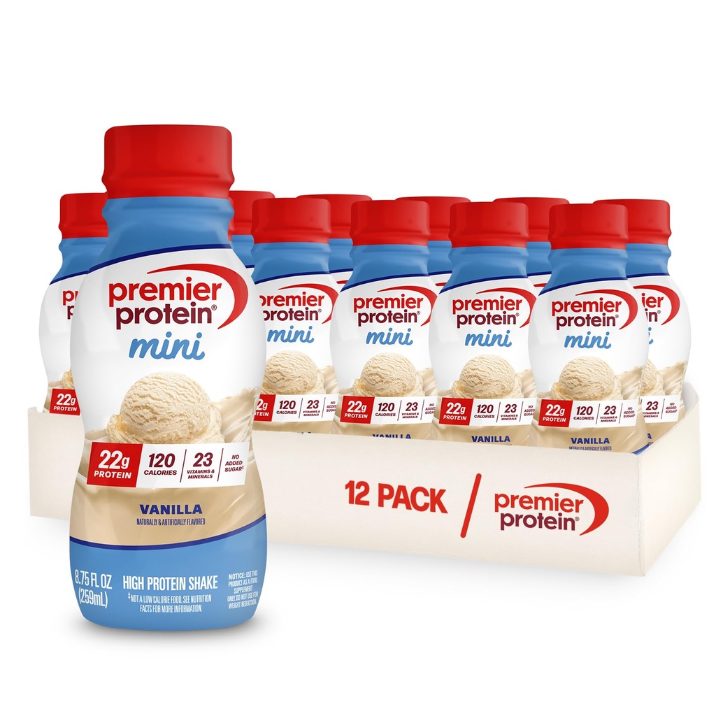 Premier Protein Shake MINIs, Vanilla, 22g protein, 120 kalorier, 1g sukker, 8.75fl oz, Pakke med 12