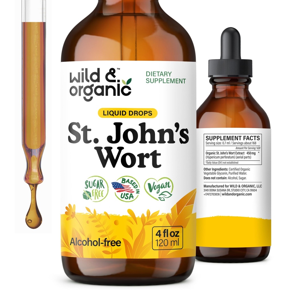 Wild & Organic St Johns Wort Tinktur - Mood Support - beroligende St John's Wort Supplement - Hypericum Perforatum Herbal flytende dråper - Vegan, Sukker og alkohol Gratis - 4 fl oz