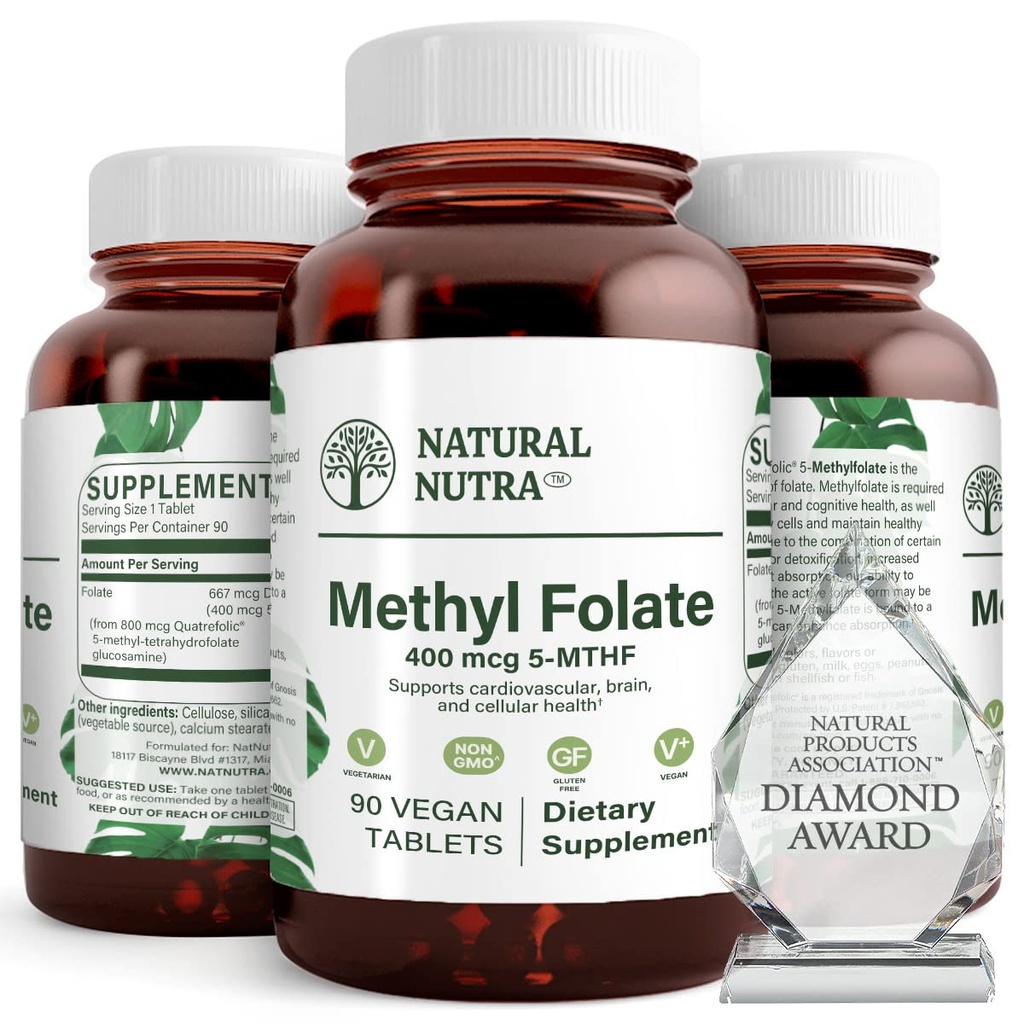 Naturlig Nutra Active Metyl Folate Supplement med Quatre folic, støtte hjerte og kroppshelse, hjelper hjernens helse, forbedre positive viber, bidra til å redusere bein-tired, B9, 90 vegan tabletter (pakke med 2)