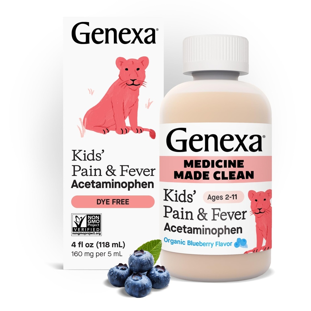 Genexa Barn ren acetaminophen | Pediatrisk Foretrukne ingredienser | Smerte og feber reduserer for barn | Dye gratis, 0% Kunstige Additiver | Alder 2-11, Delicious organisk blåbær væske, 4 fl oz