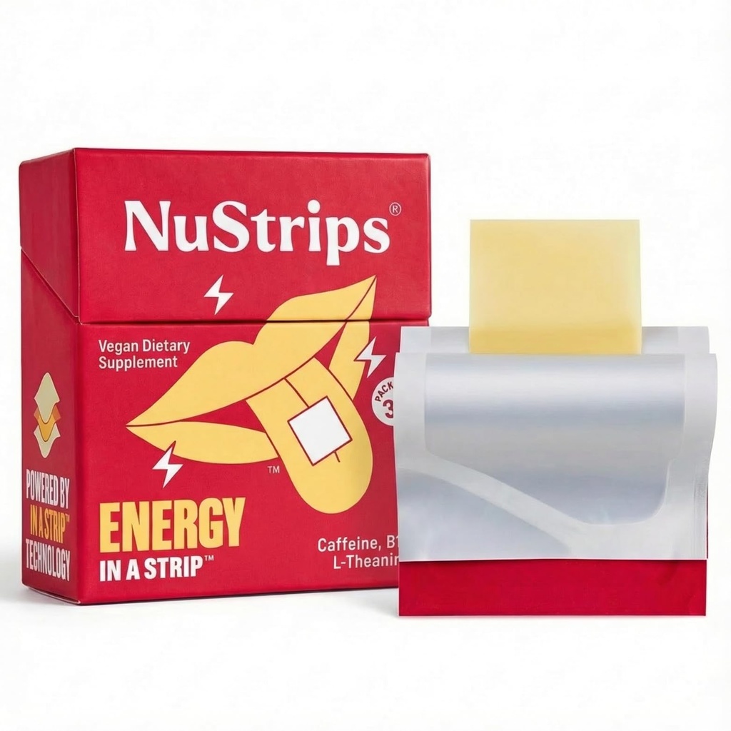 NuStripsTM Fast-Dissolving Energy Strips med 50 mg koffein, L-theanin og vitamin B12 - Instant Energy & Focus uten Jitters eller Crash - fungerer raskere enn kaffe - Soothing kanel (30 Pack)