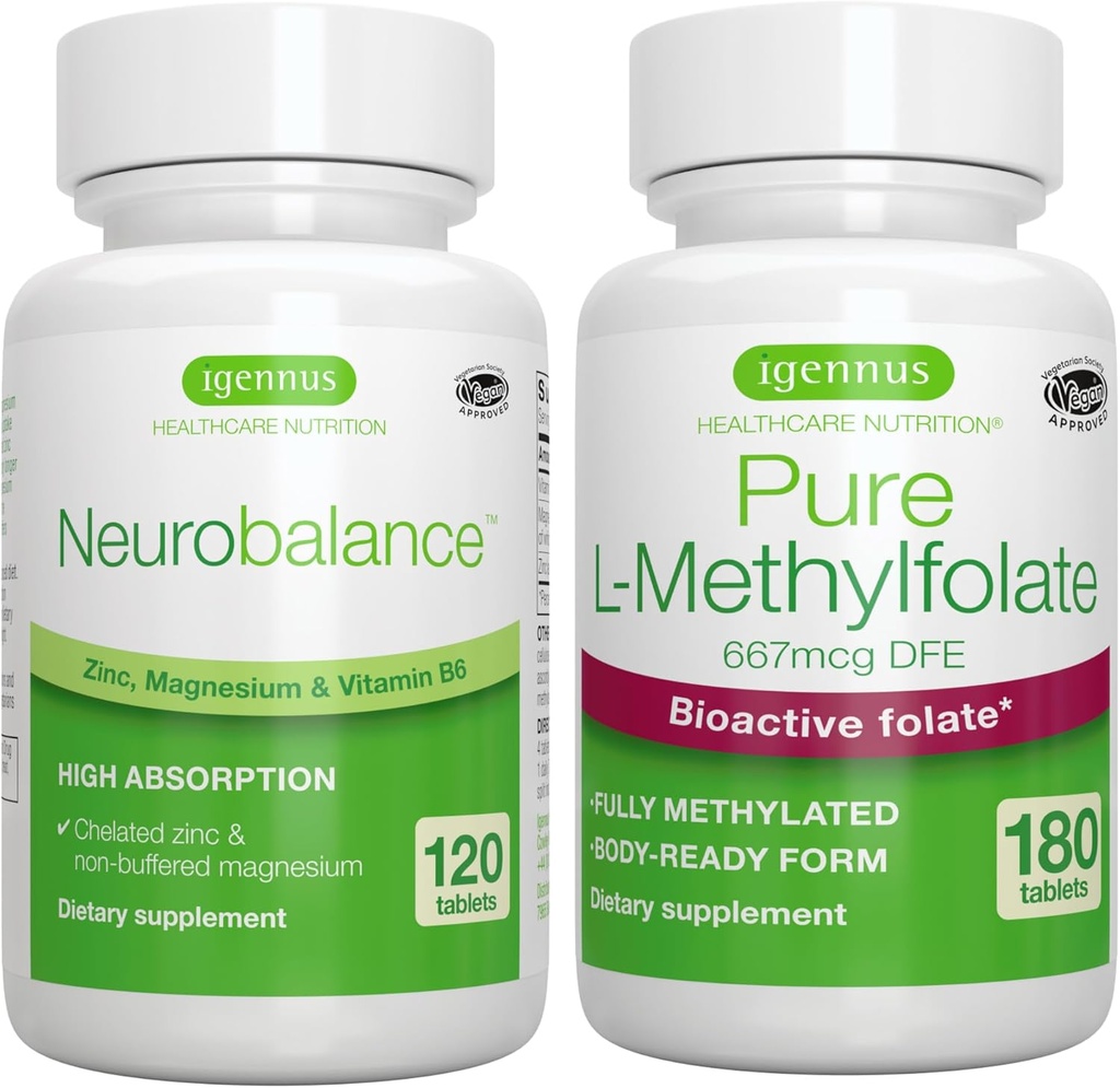 Neurobalanse sink, magnesium og vitamin B6 + ren folat 400mcg Vegan Bundle, Chelated sink Picolinat 24 mg, oksydfri magnesium og vitamin B6 + Optimert L-Metylfolat, av Igentus