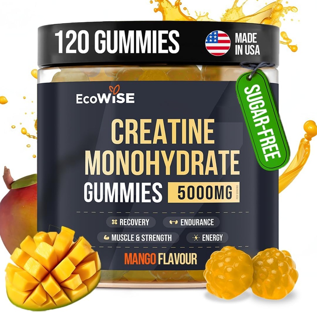 Ecowise velvære Kreatin Monohydrat Gummies 5000 mg, Mango Flavor, 120 sukkerfri vegansk Chews, Kreatin Supplement for daglig rutine