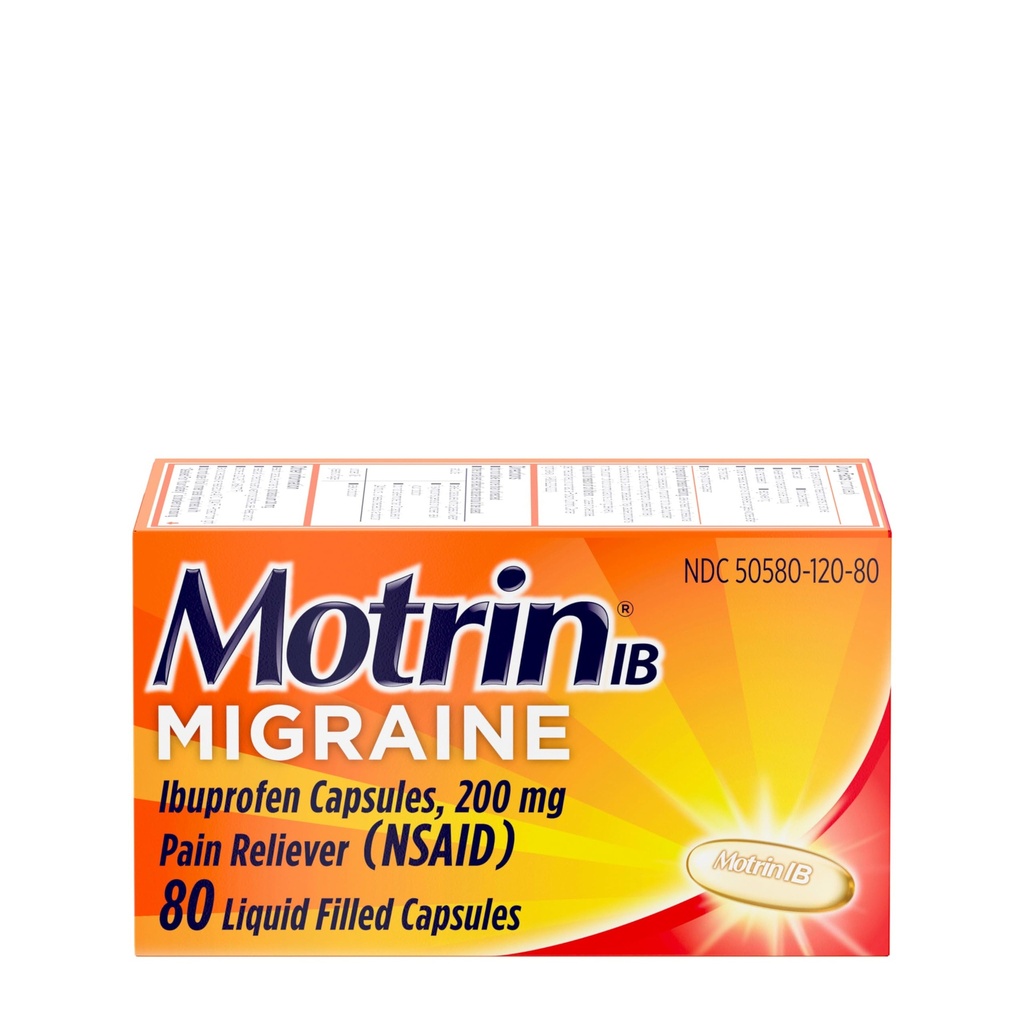 Motrin IB Migrain Relief Væske Gel kapsler med 200 mg ibuprofen per kapsel, rask og effektiv Migrain hodepine medisin med NSAID Pain Reliever Ibuprofen, koffeinfri, 80 ct