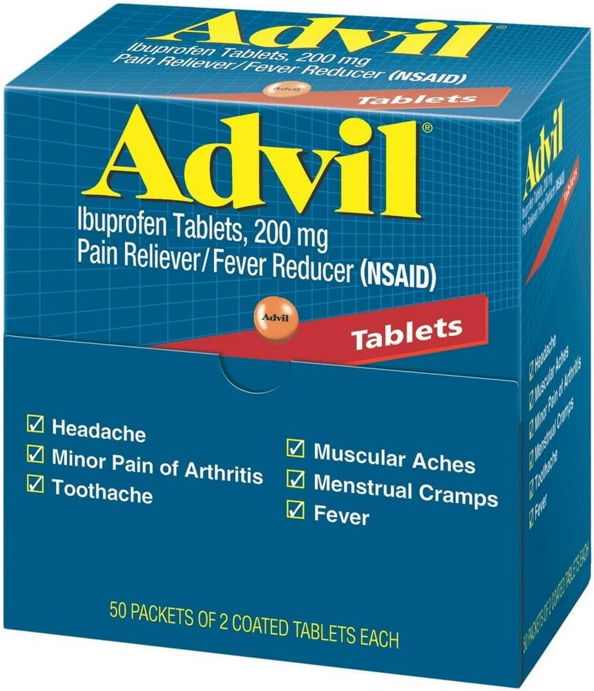 Advil Ibuprofen, 200 mg, 50 emballasjer med 2 belagte tabletter (pakke med 4)