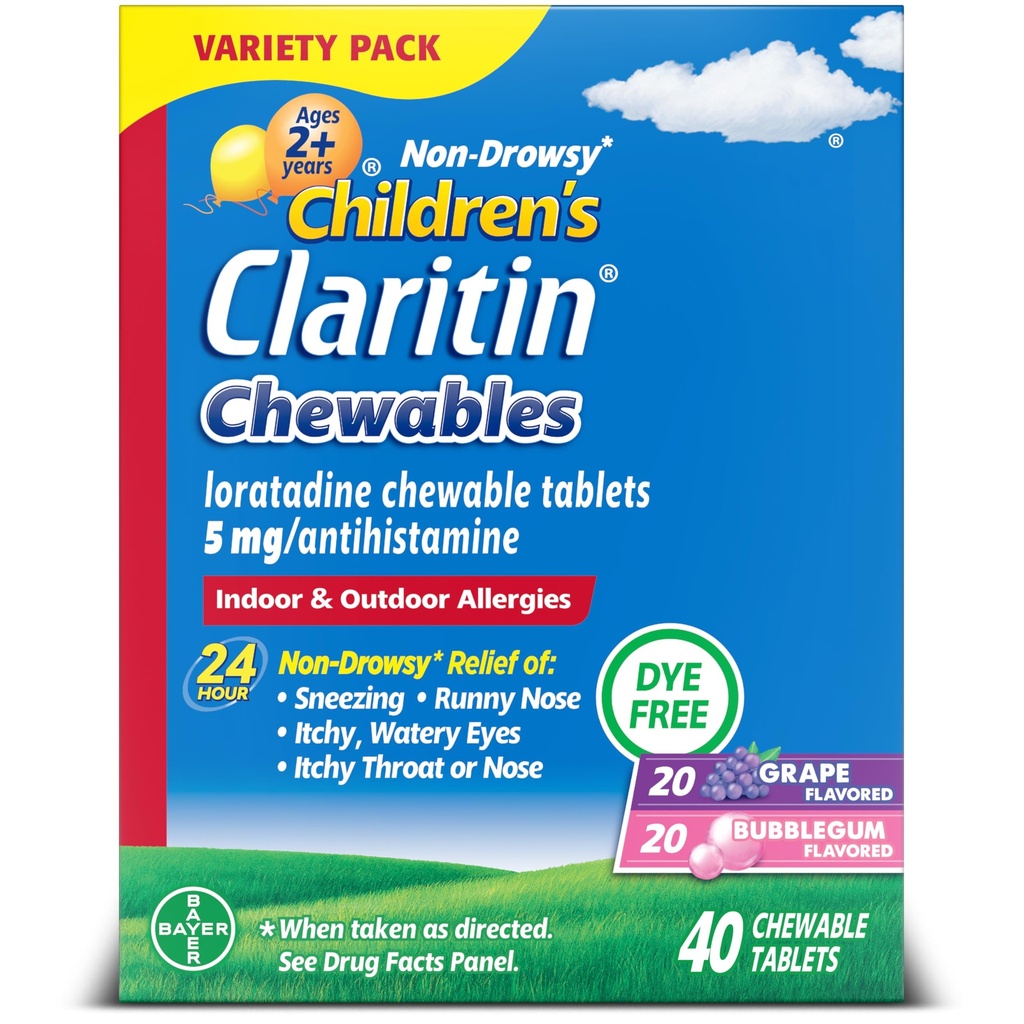Claritin Barneallergi medisin, 24-timers ikke-Drowsy Loratadin 5 mg Chewable Tablett, Antihistaminer for barn alder 2 år og eldre, Grape & Bubble Gum Flavors, 40 tabletter