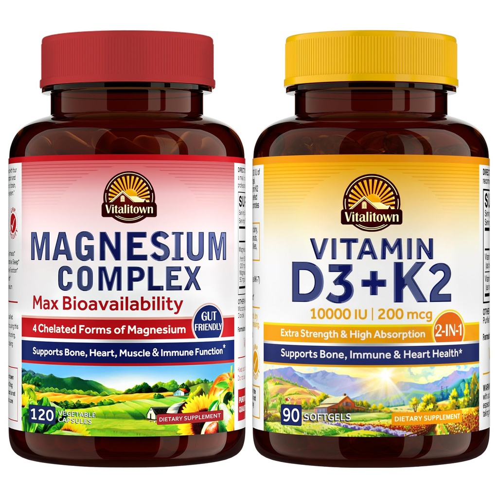 Vitalitown Magnesium Complex & Vitamin D3 K2 Bundle (pakke med 2) | for Bone Heart Immun & Muscle | Magnesium Glycinate, 10000IU D3, MK-7 | 120 Mag Caps & 90 D3 Softgel