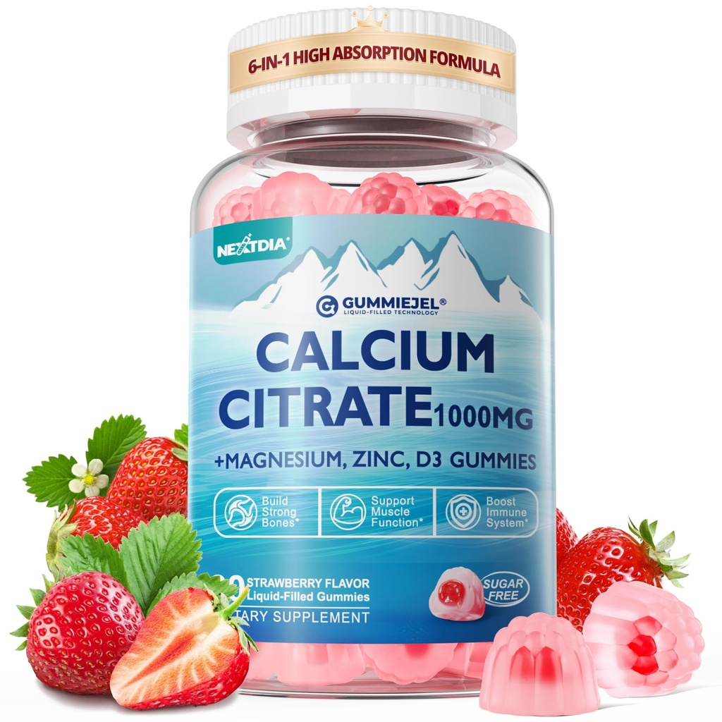 Kalsium Citrat Supplement 1000 mg for kvinner og menn, 6-i-1 kalsium Magnesium Sink Gummies + vitamin D3, B6 & Kalium høy absorpsjon for bein, tenner, muskel og nerve helse, vegansk, sukkerfri,60Cts