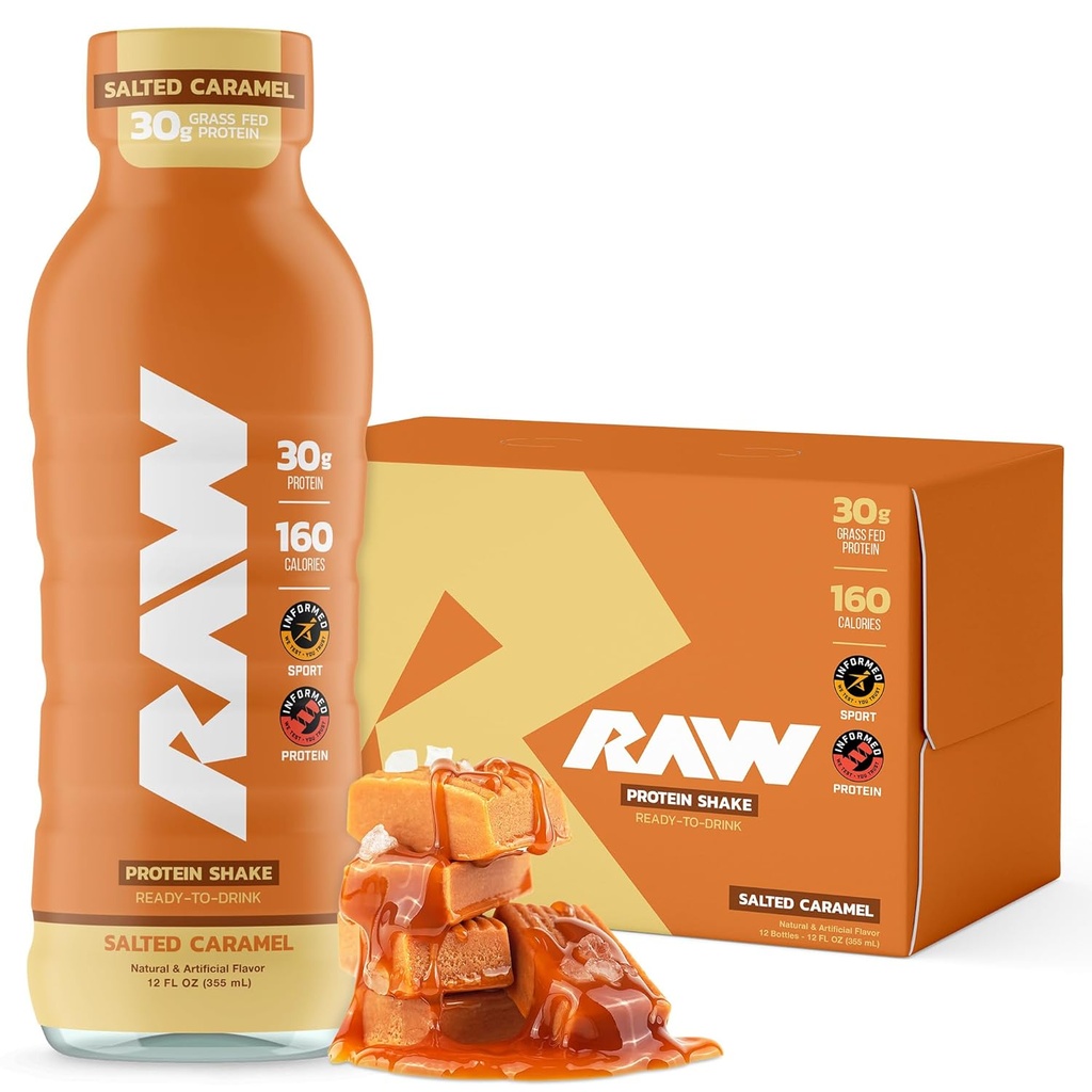 RAW Ready-to-Drink Protein Shake, saltet karamell - Pfizer Protein Drinks med Grass-Fed Whey Protein Isolate for post-Workout - Zero-Sugar & Glutenfri Måltid Erstatning Drink & Frokost Shake, 12 Fl Oz