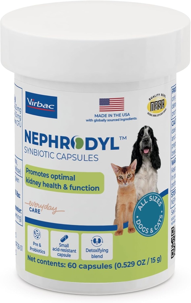 NEPHRODYL Synbiotiske kapsler - Nurnal Support Supplement for katter og hunder, Probiotika og prebiotika for digestiv helse, små og lett å svelge kapsler, laget i USA-60 Ct