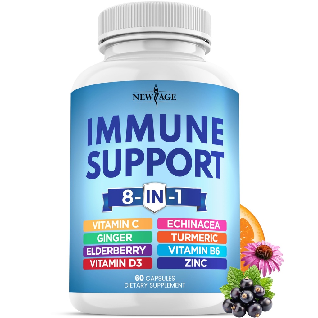 NYE AGE 8 i 1 immunstøtte Booster Supplement med Echinacea, Vitamin C og sink 50 mg, Vitamin D 5000 IE, Turmeric Curcumin & Ginger, B6, Elderberry 60 greve (pakke med 1)