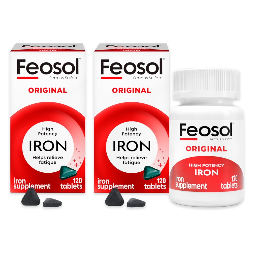 Feosol Original jerntilskudd tabletter,Non-heme 325mg Ferrous Sulfat (65mg Elementalt jern) per pille, 1 per dag, 4 måneders forsyning, for energi og immunsystem støtte (120 ct pakke med 2)
