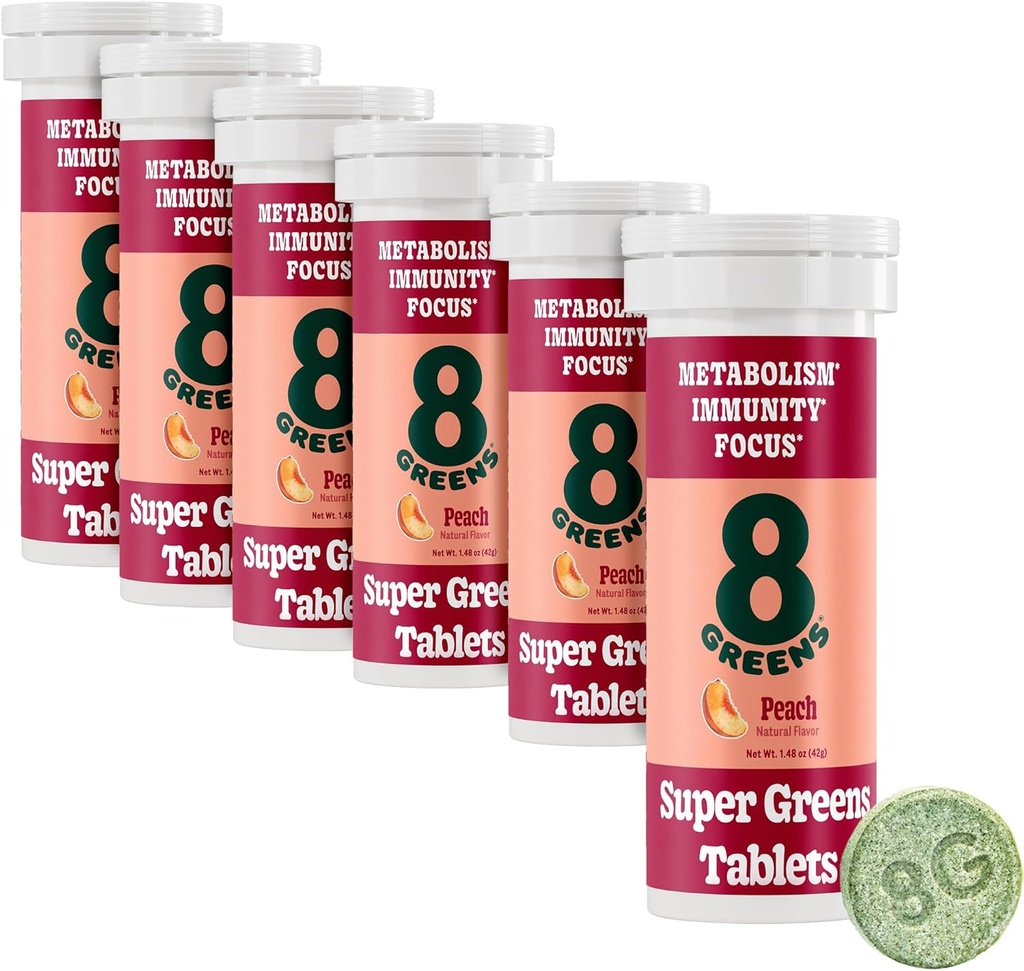 8Greens Supergreens Tabletter Super Greens Powder Superfood, Metabolisme Immunitet og fokus, Daglige Grønn Effervescent Tabletter, Organisk: Aloe Vera, Spirulina, Klorella, Peach, Tube 60 Serveringer.