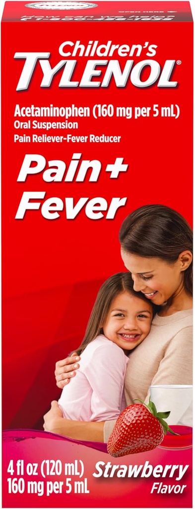 Barns Tylenol Oral Suspensjon medisin, Kids flytende medisin Smerte Reliever & Fever Reduser for kaldt + influensa symptomer, Aspirin-, Ibuprofen- & alkohol-fri, Strawberry, 4 fl oz