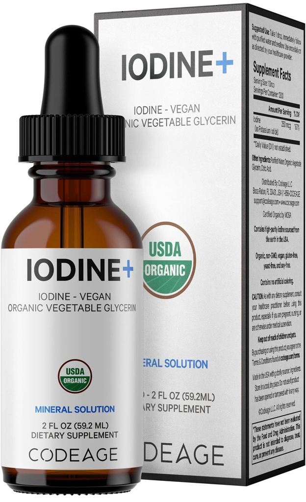 Codeage USDA Certified Organic Iodine Drops - 250 Mcg Per Serving - 1+ års forsyning - flytende jodide Supplement - ren, klar jodin - Vegan Kalium Iodine flytende Drop - 2 fl oz