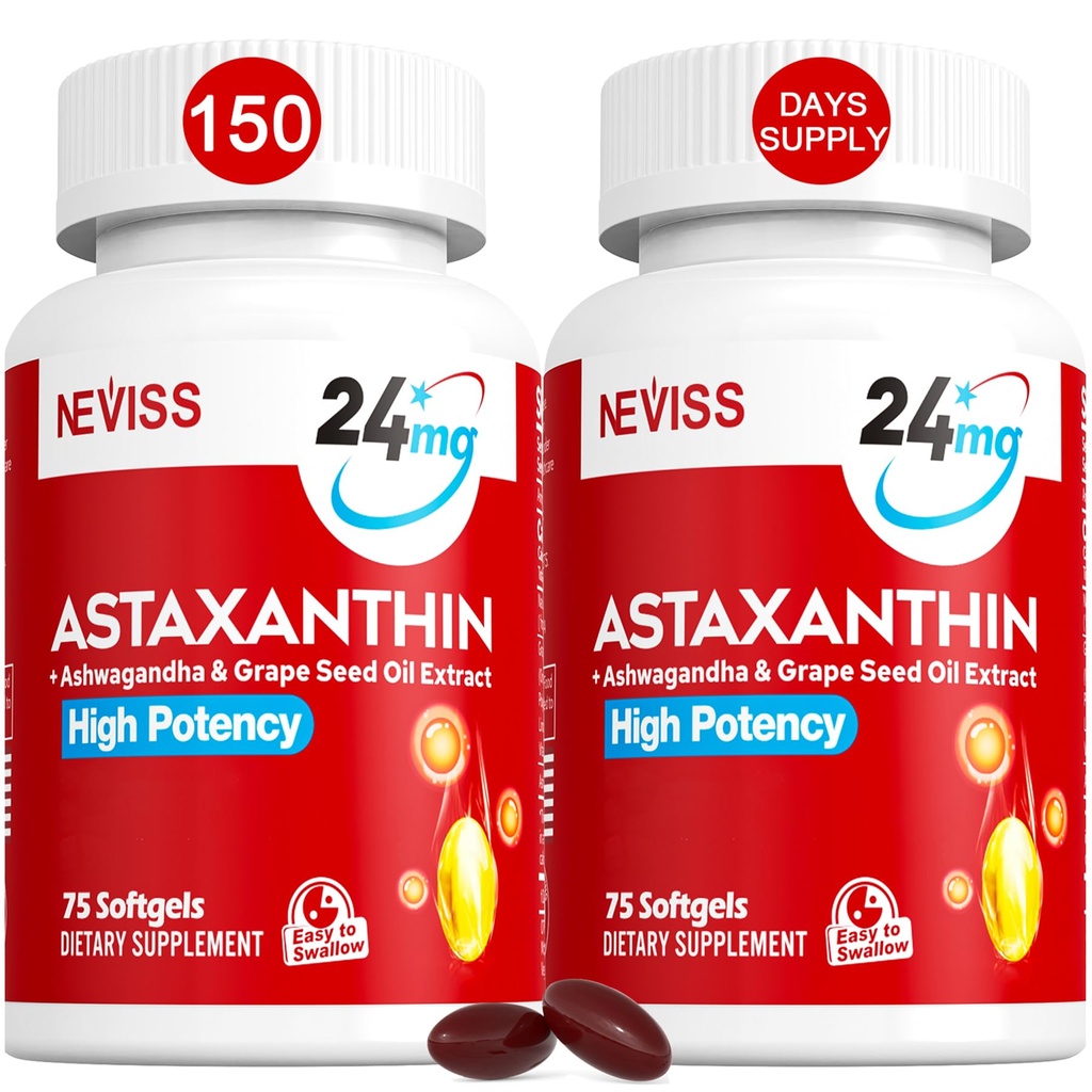Astaxanthin Supplements 24 mg, 5 måneders forsyning - Coconut MCT Olje, Frisk Microalgae Kilde m/Grapfrøolje, Ashwagandha - Antioksidanter for sunn hud, øyne, aldring - Ikke-GMO & Glutenfri, 150 Softgels