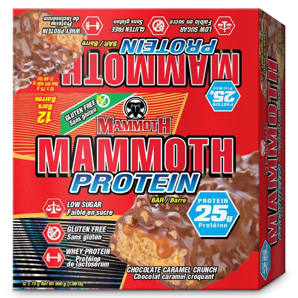 MAMMOTH Protein Bar, Sjokolade Peanut Smør Crunch, 25g Protein, Lav Sukker, Lavkarbohydrat, Glutenfri, 12 x 65g (12 greve) (Chokolate Peanut Smør Crunch) (12 greve, Sjokolade Caramel Crunch)