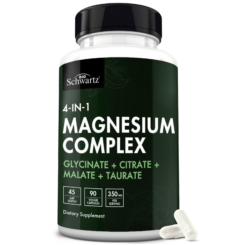BioSchwartz Magnesium Complex Supplement (90 kapsler) 350 mg Magnesium Glykinat Citrate Malate og Taurate Per Serving for sunne nerver Muskel hjerte søvn støtte (Vegan, Glutenfri, ikke-GMO)