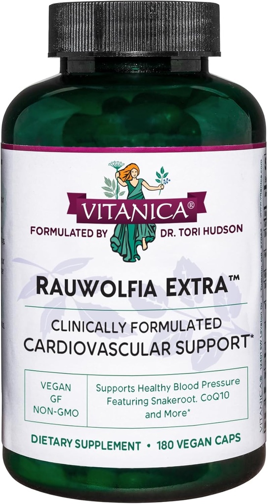 Vitanica Rauwolfia Extra - hjertehelse Supplement - støtter blodtrykket allerede innenfor et sunt område - Supplement med magnesium, CoQ10 & Snaproot - 180 Vegan Caps