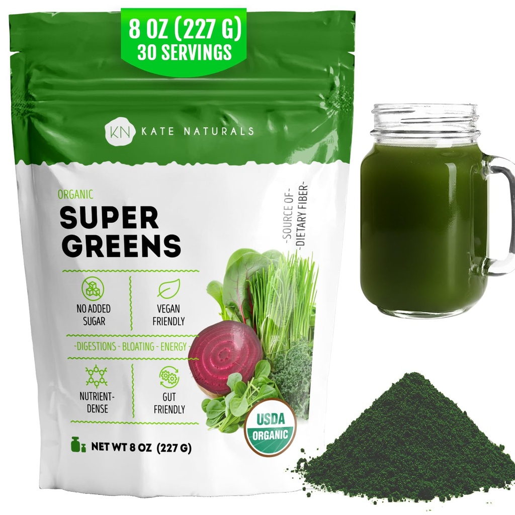 Kate Naturals Organic Super Greens pulver. Daglig Grønne Superfood Blande med probiotika og fiber for smoothies og juice (30 Serveringer, 8oz, naturlig)