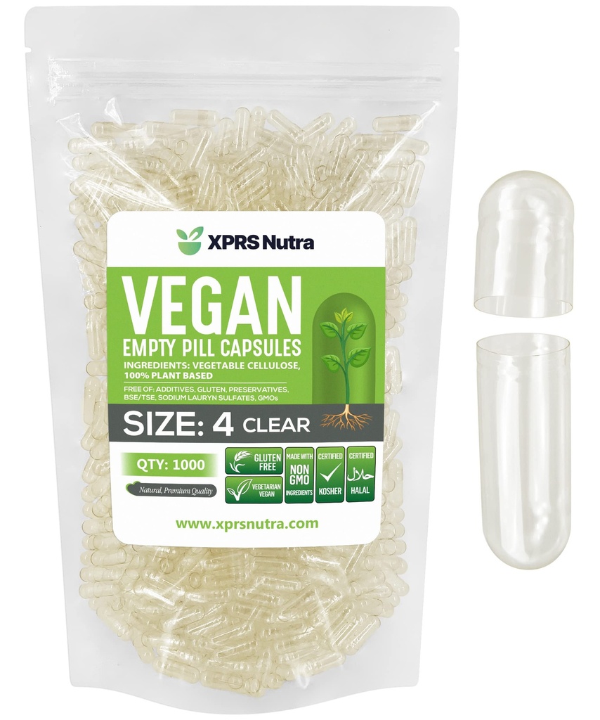 XPRS Nutra Størrelse 4 tomme kapsler - 1000 greve små klare tomme veganske kapsler - vegetariske piller - DIY grønnsaker Capsule Fylling - Fyllbar gjøre-det-sjølv Veggie Caps for kosttilskudd