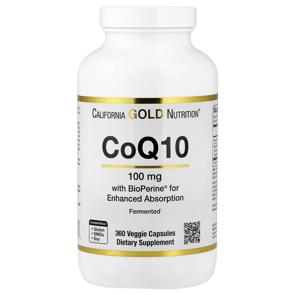 CoQ10 100 mg, Coenzym Q10 Ubiquinon USP med Bioperine Black Pepper for forbedret absorpsjon, støtter Mitochondrial funksjon*, 360 Veggie kapsler