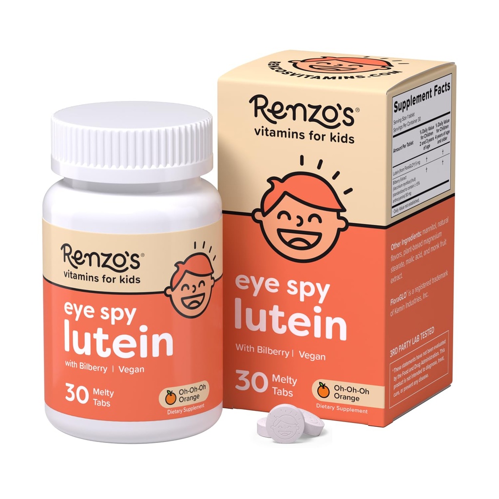 Renzo's Eye Spy Lutein med Bilberry Extract, Oppløselige Kids Vitaminer for Eye Health, Sukkerfrie kosttilskudd, 30 Orange-Flavored Melty Tabs