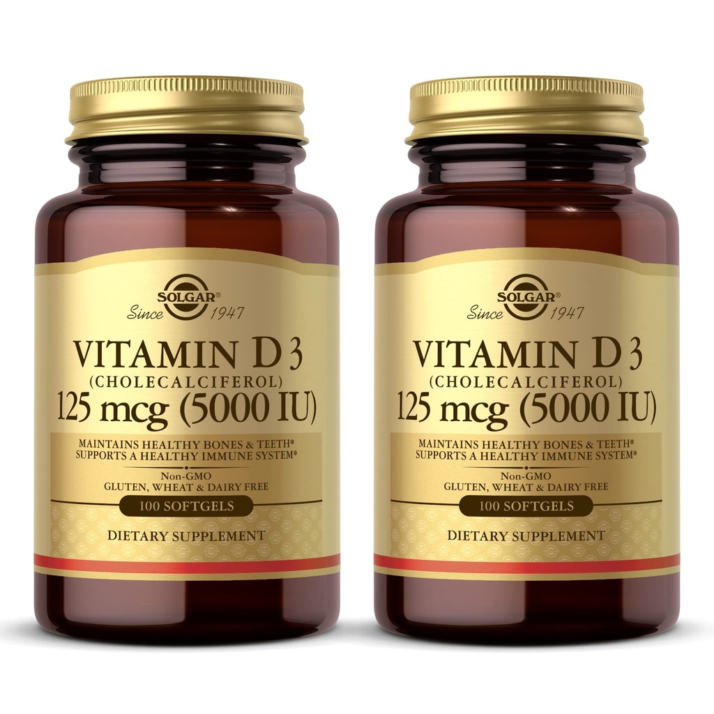 Solgar vitamin D3 (Cholecalciferol) 10 mg (400 IU) - 100 Softgels, pakke med 2 - Hjelper opprettholde sunne bein og tenner - Immunsystemstøtte - Ikke-GMO, Glutenfri, Dairy Free - 200 Total Services