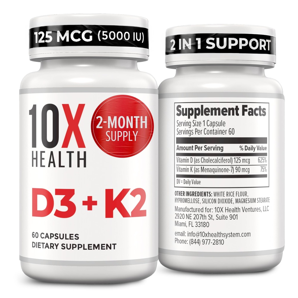 10X Helse Vitamin D3 5000 IU & K2 MK7 - Menaquinon 7, høy potens D3 K2 vitamin Supplement for bein helse, hjerte og tenner - 125 mcg vitamin D & 90 mcg vitamin K2-60 kapsler