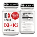 10X Helse Vitamin D3 5000 IU & K2 MK7 - Menaquinon 7, høy potens D3 K2 vitamin Supplement for bein helse, hjerte og tenner - 125 mcg vitamin D & 90 mcg vitamin K2-60 kapsler