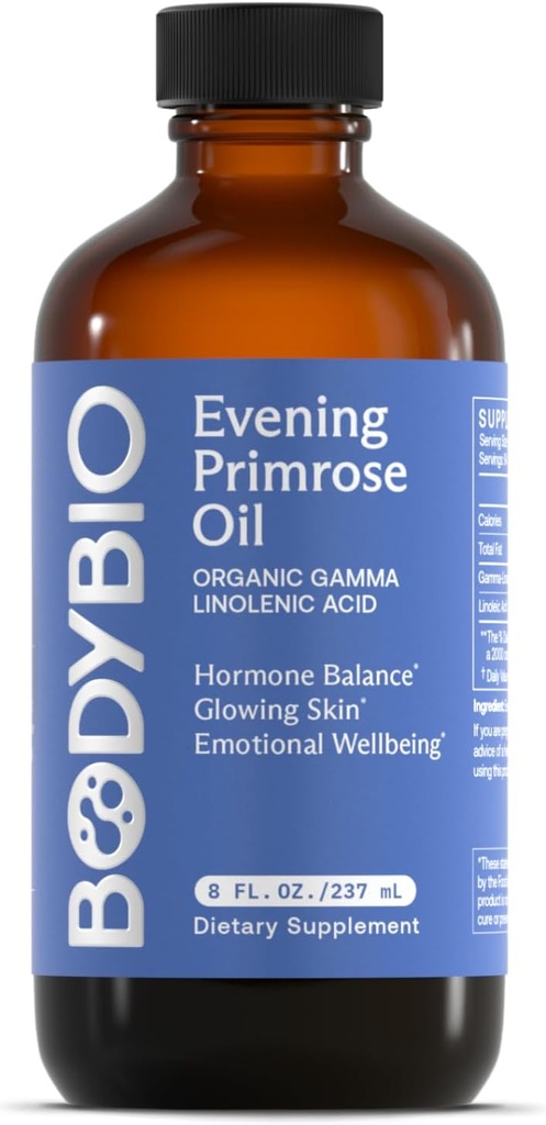 BodyBio Aften Primrose Olje - Naturlig Gamma Linolensyre for sunn hud og hormonbalanse - Ikke-GMO, kaldt presset - 8oz
