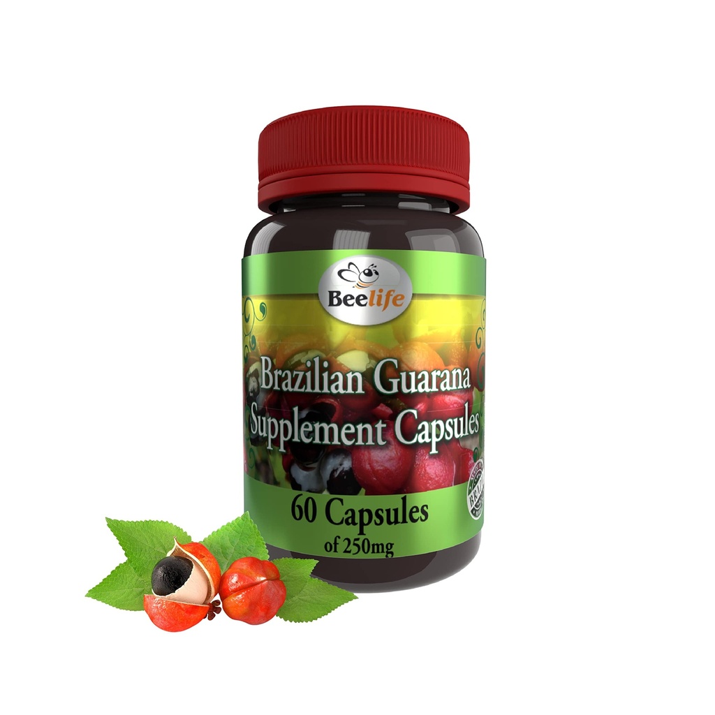 Beelife Brasilian Guarana Capsules - naturlige koffein kosttilskudd fra Brasil - Energi og mental fokus, Muskelstyrke støtte - Zero Gluten, Ingen sukker pre trening for menn og kvinner - 250 mg 60 Caps