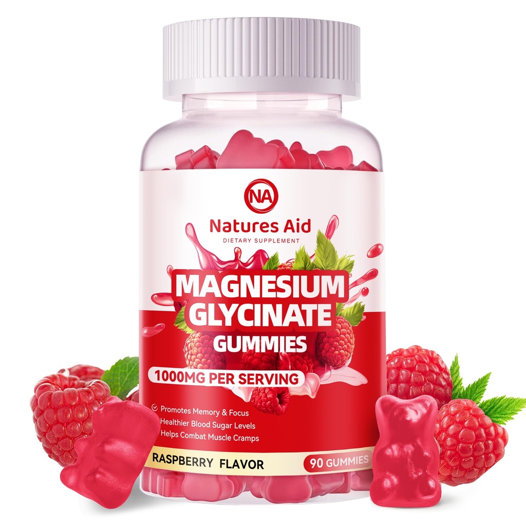 Magnesium Glycinate Gummies 1000mg - sukker gratis magnesiumkalium Supplement med vitamin D, B6, CoQ10 for rolig mood og søvn støtte - 90 bringebær gummies.