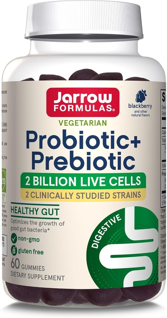 Jarrow Formler Probiotic+ Prebiotic Dietary Supplement, Digestive helse, Gut Flora + Immune Helse - 2 milliarder CFU - 2 klinisk studerte strimler - 60 gummier - Blackberry Flavor