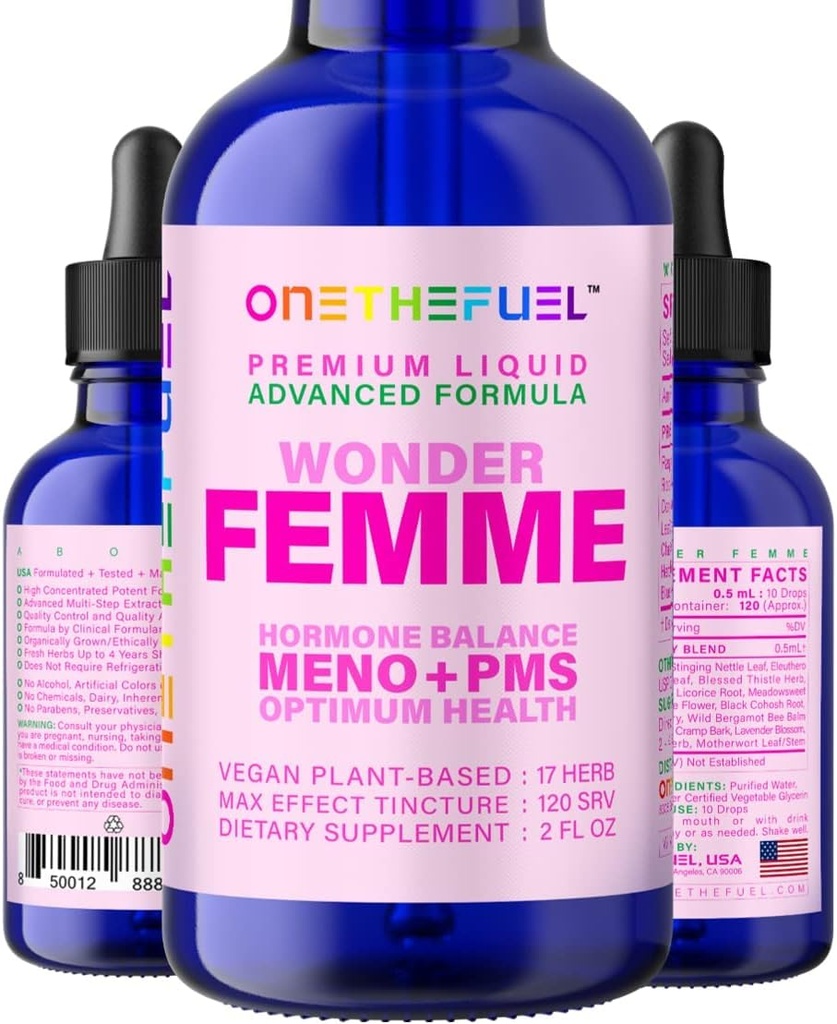 Wonder Femme Plant-basert hormonbalanse Menopause Hot Flashes Relief støtte 100% naturlig 17 Herbal kvinner østrogen helse Supplement Dong Quai Vitex + Fast Absorb Tinktur 2 oz. Væske