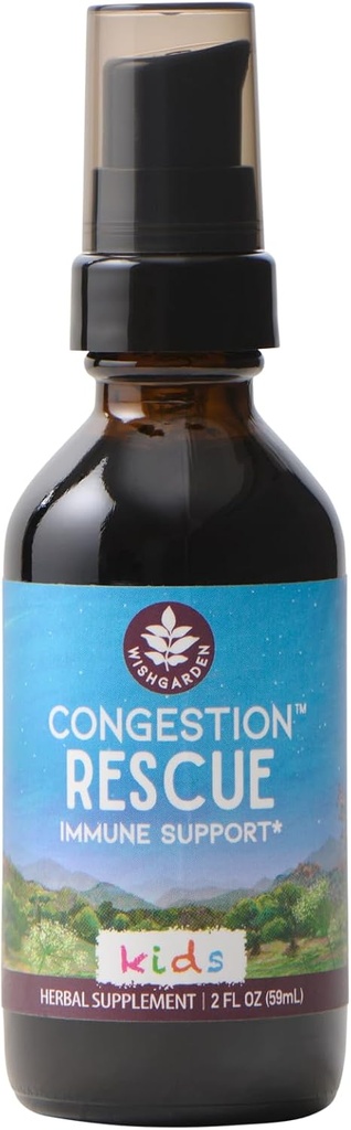 WishGarden Herbs Congestion Rescue Immune Support for Kids - Plantebasert immunstøtte og Decongestant w/Elderflower, Wild Cherry Bark & Yerba Santa, støtter øvre og nedre pustesystemer, 2oz