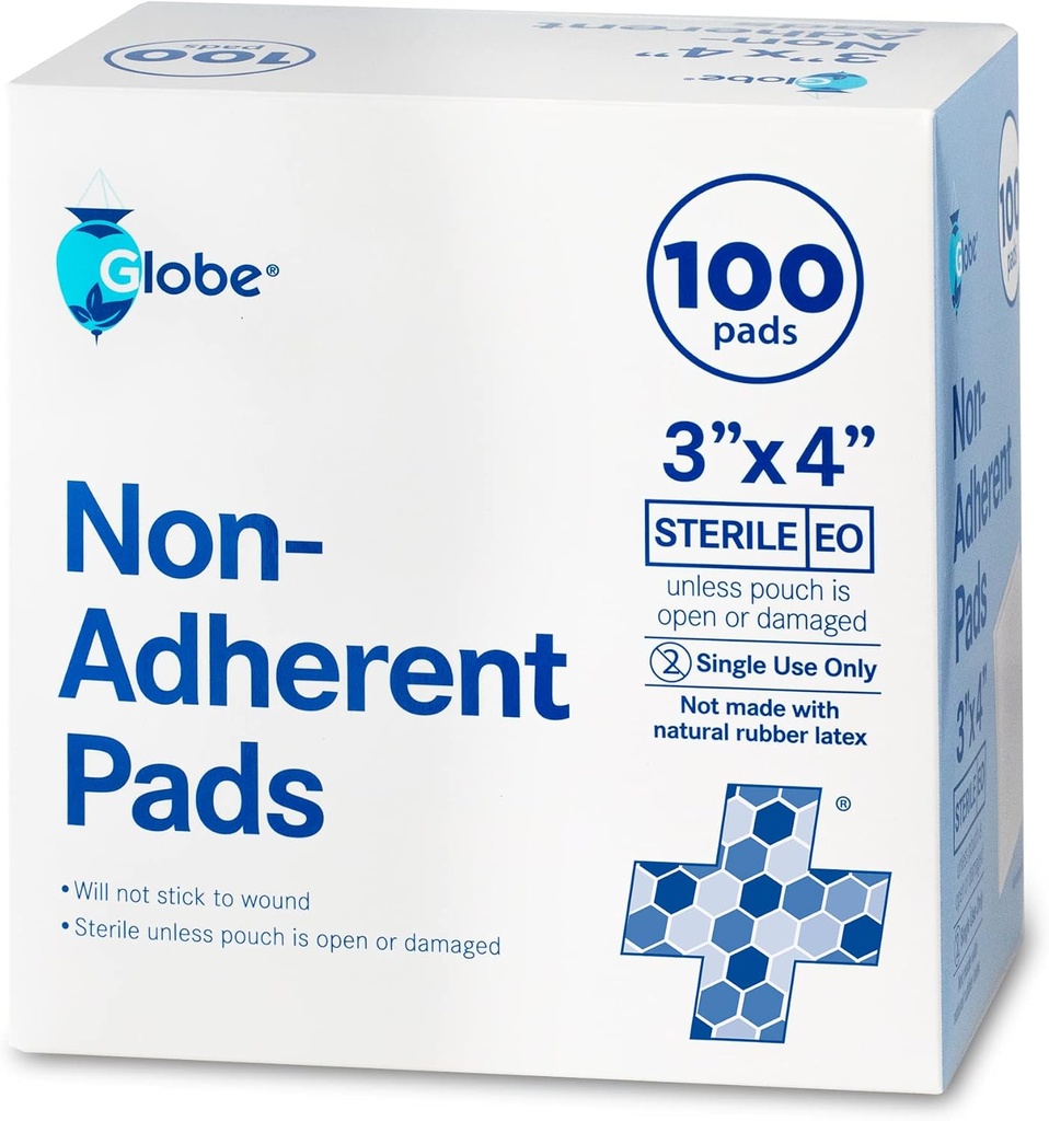 Globe Advanced Sterile ikke-ærlig Pads® 100-Pack, 3\" x 4 \"| Ikke-klebende sår Dressing | Høyt Absorbent & Ikke-Stick, Smerteløs fjerning-Switch® Individuelt omgitt for ekstra beskyttelse (3 x 4)
